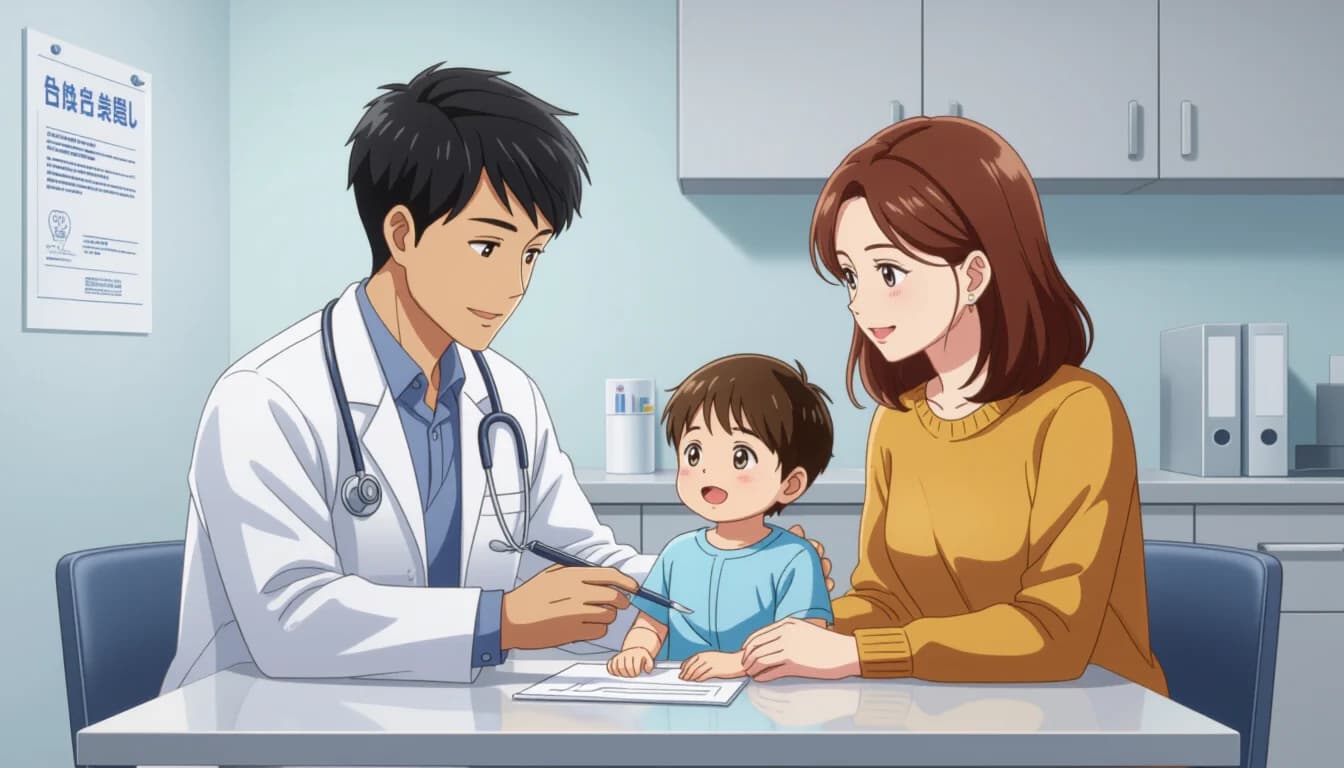 Parent with baby at Japanese municipal office getting healthcare certificate