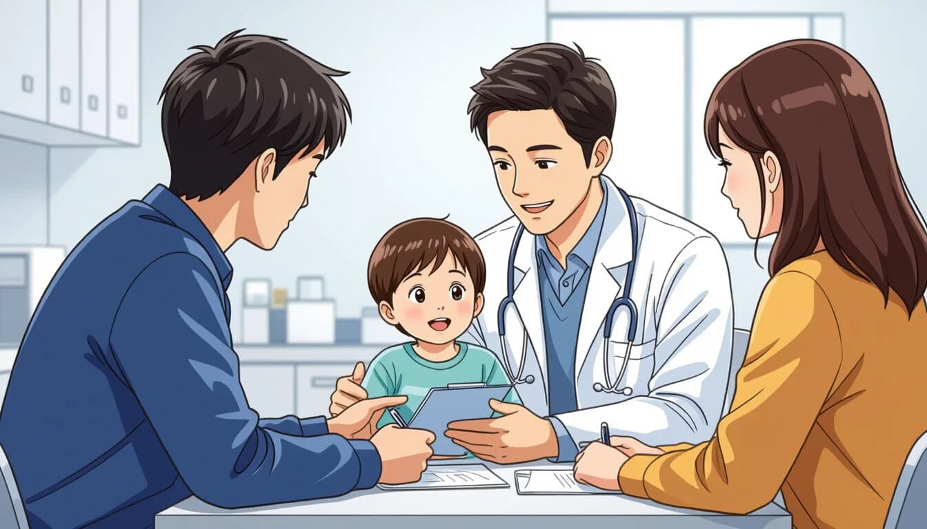 English-speaking pediatrician examining a young child in a modern Japanese clinic