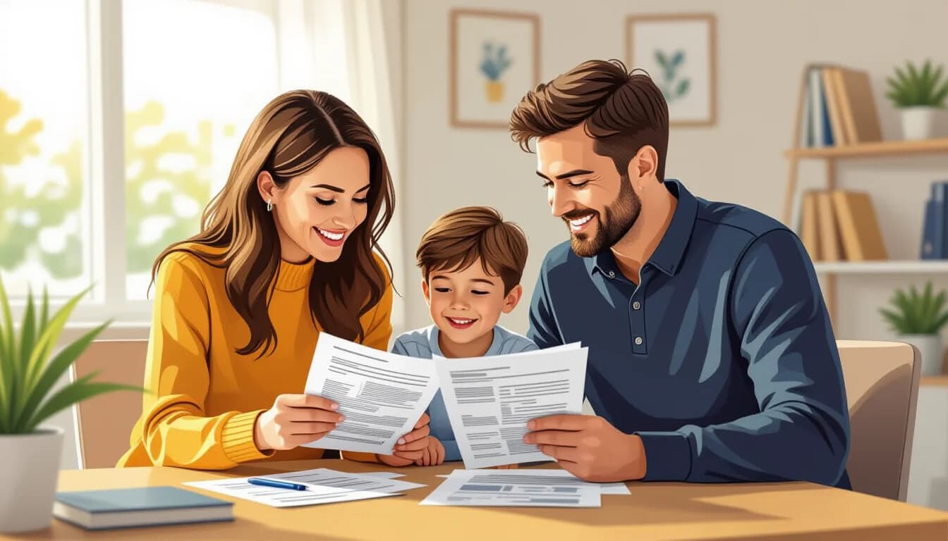 Family reviewing school fee documents and financial plans at home