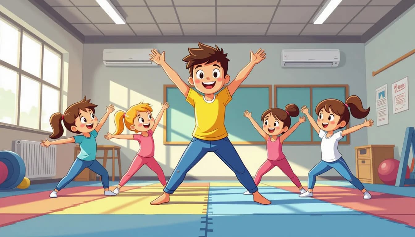 Dance class for children in Japan with instructor demonstrating movements