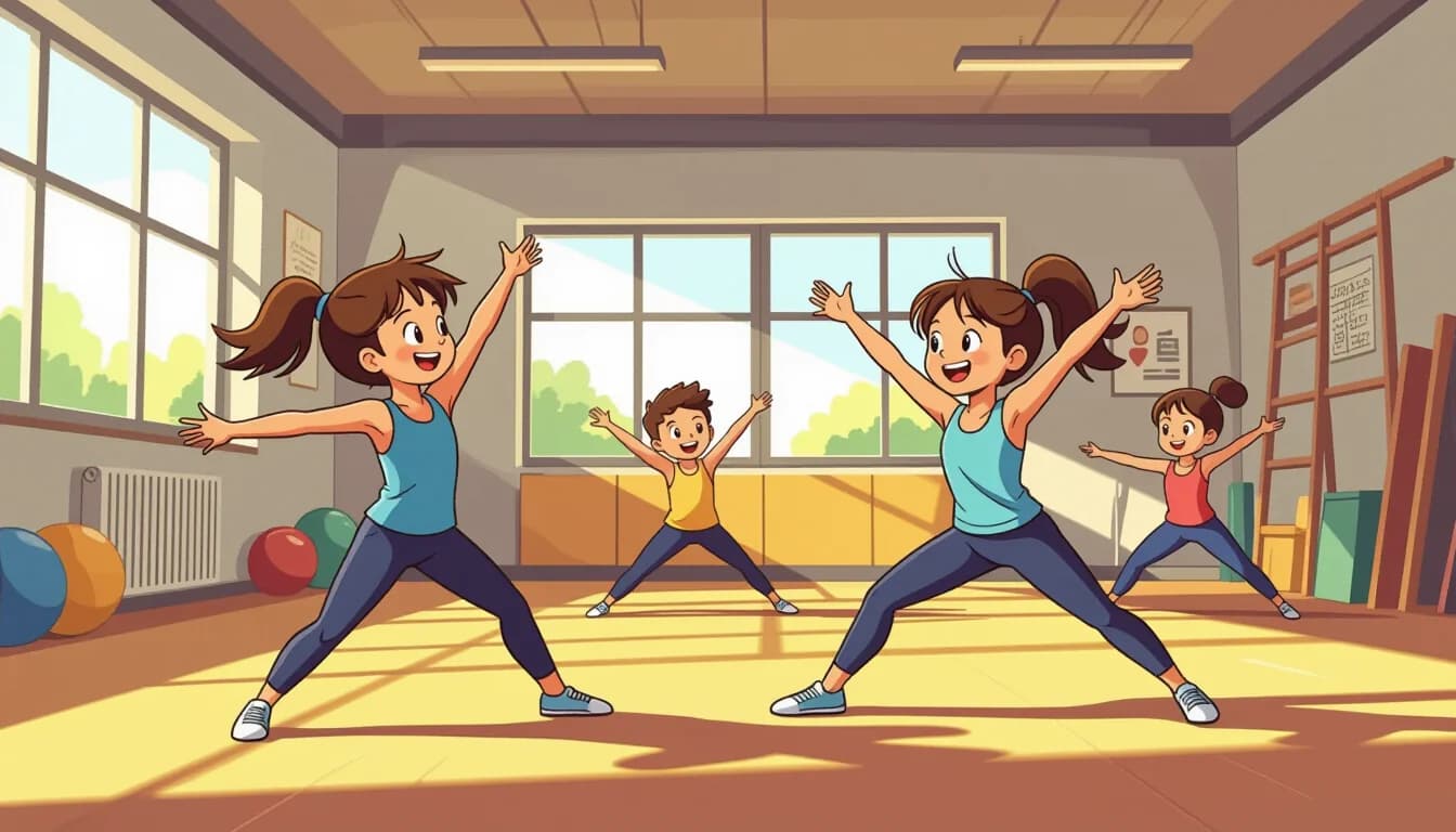 Children doing gymnastics in a Japanese gym studio with balance beams and mats