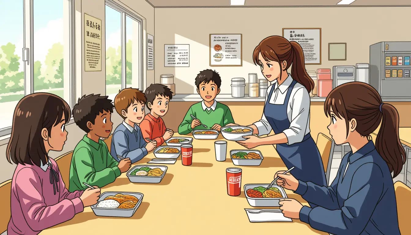 A diverse group of children eating lunch together in a Japanese school classroom, with bento boxes and school lunch trays visible