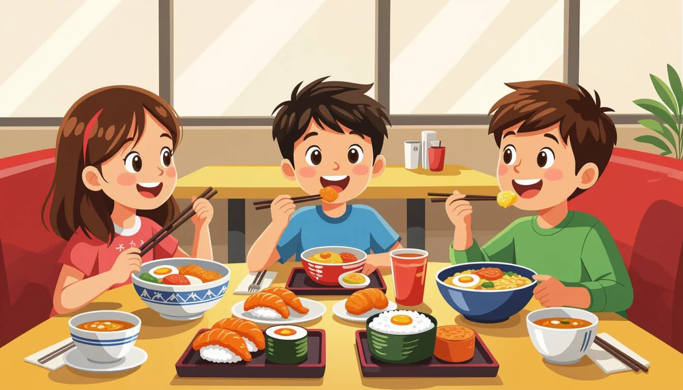 A child exploring Japanese food options at a convenience store in Japan