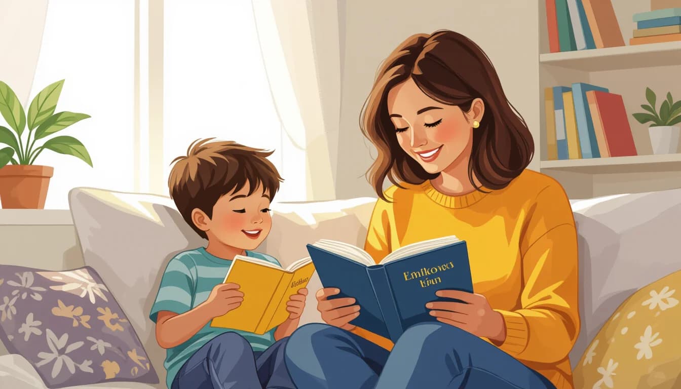 A parent and child reading bilingual books together at home in Japan