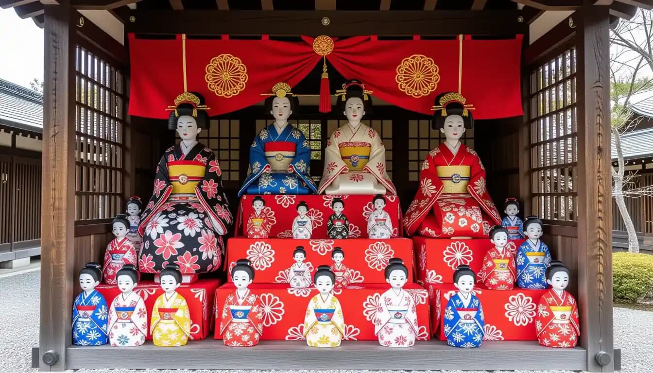 Hinamatsuri doll display with tiered red platform and traditional imperial court dolls