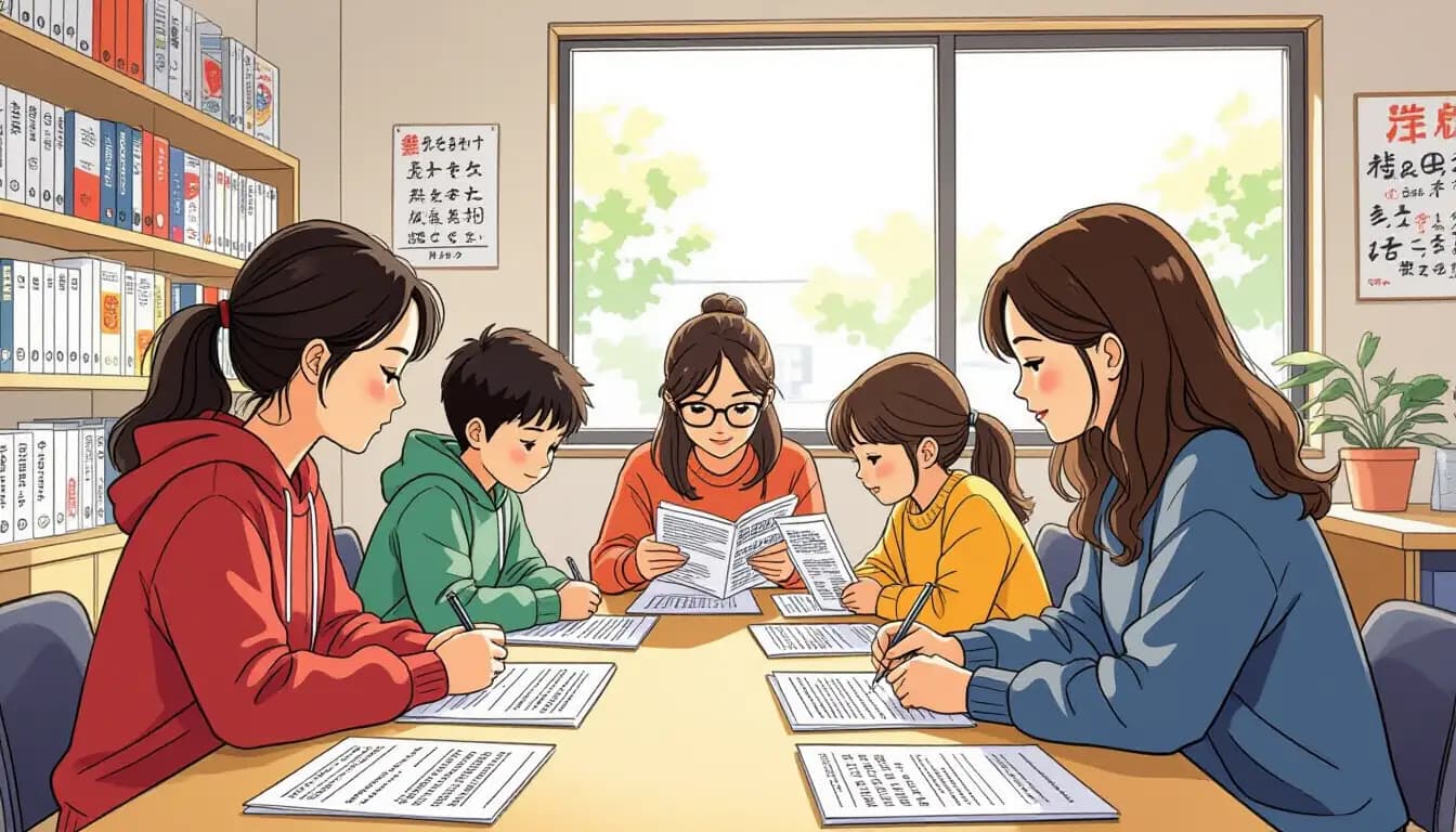 Children studying Japanese worksheets at a Kumon learning center in Japan