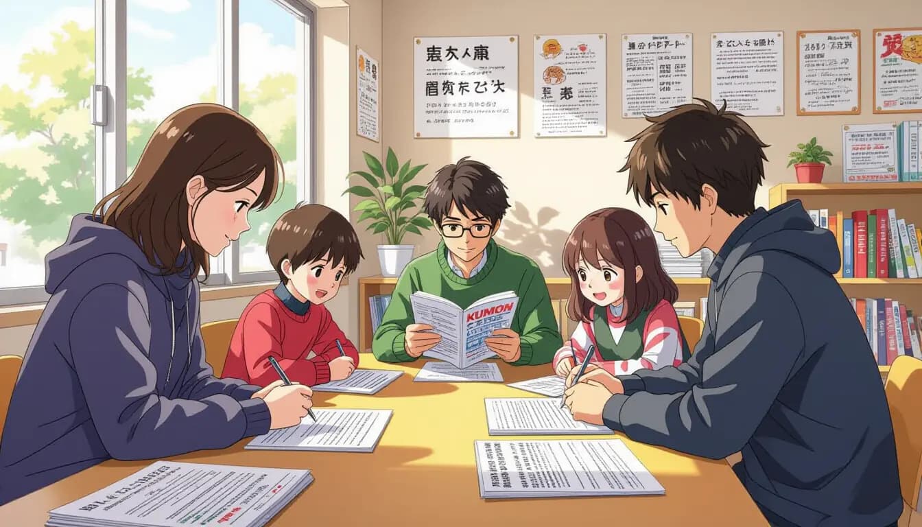 A student working through Kumon Japanese language worksheets at home