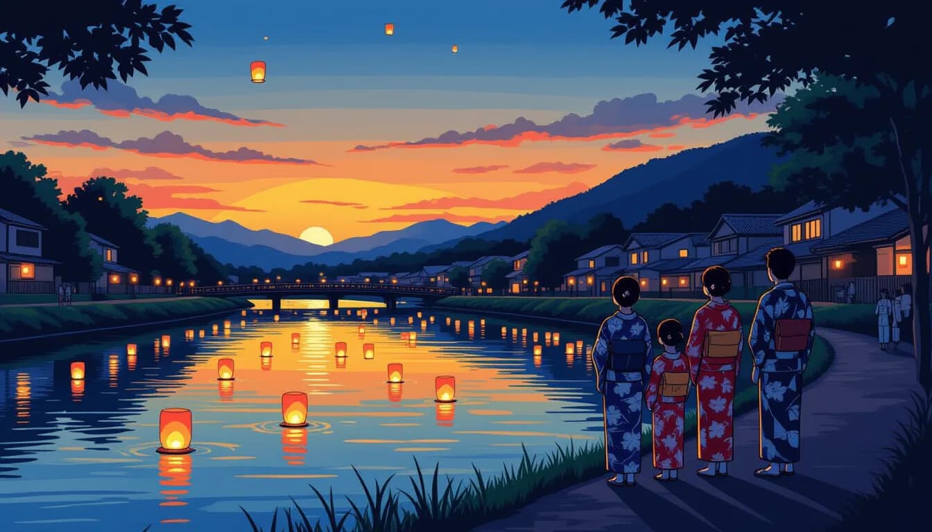 Paper lanterns floating on a river at night during Obon Toro Nagashi ceremony with people in yukata watching from the bank