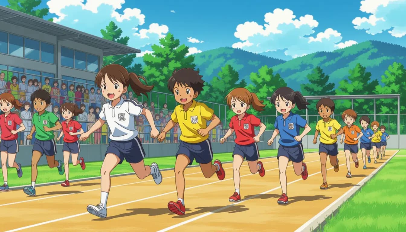 Japanese elementary school students in colorful gym uniforms competing during Sports Day undoukai event