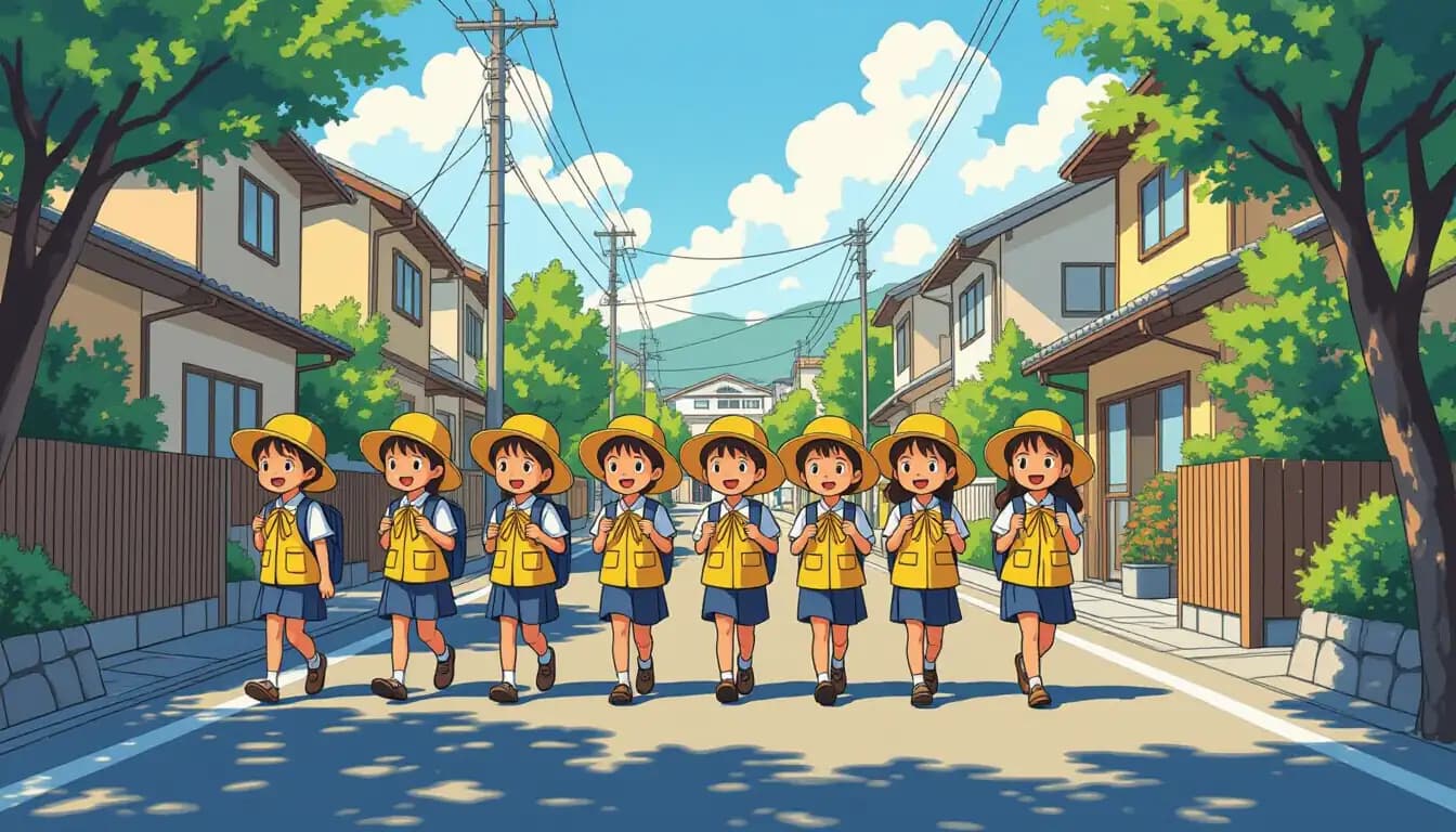 Japanese elementary school children in yellow hats walking to school in a group