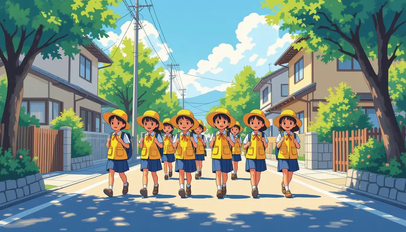 Children with yellow hats and randoseru backpacks at a crosswalk in Japan